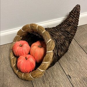 Woven Cornucopia with Faux Pumpkins